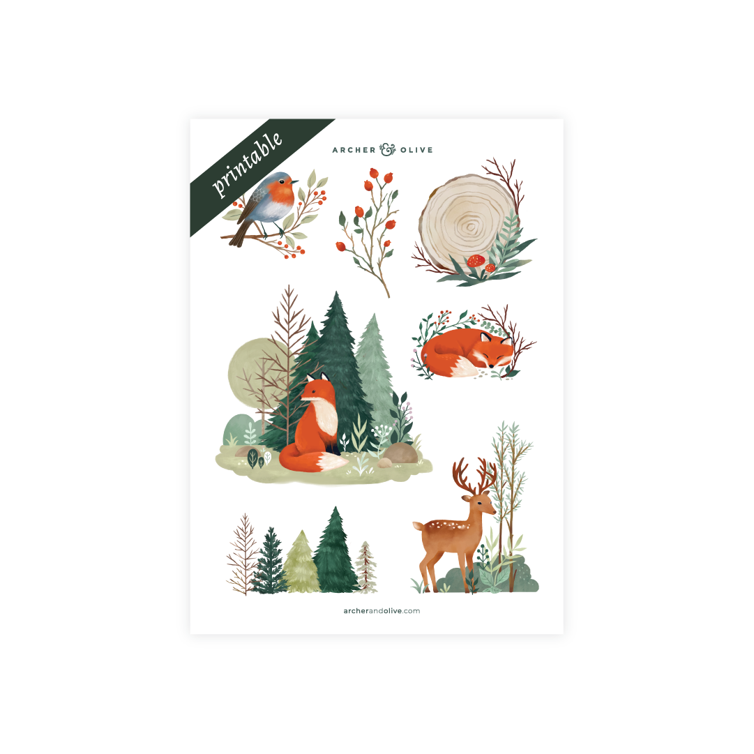 Fox in Winter Woods Printable Stickers - Archer and Olive