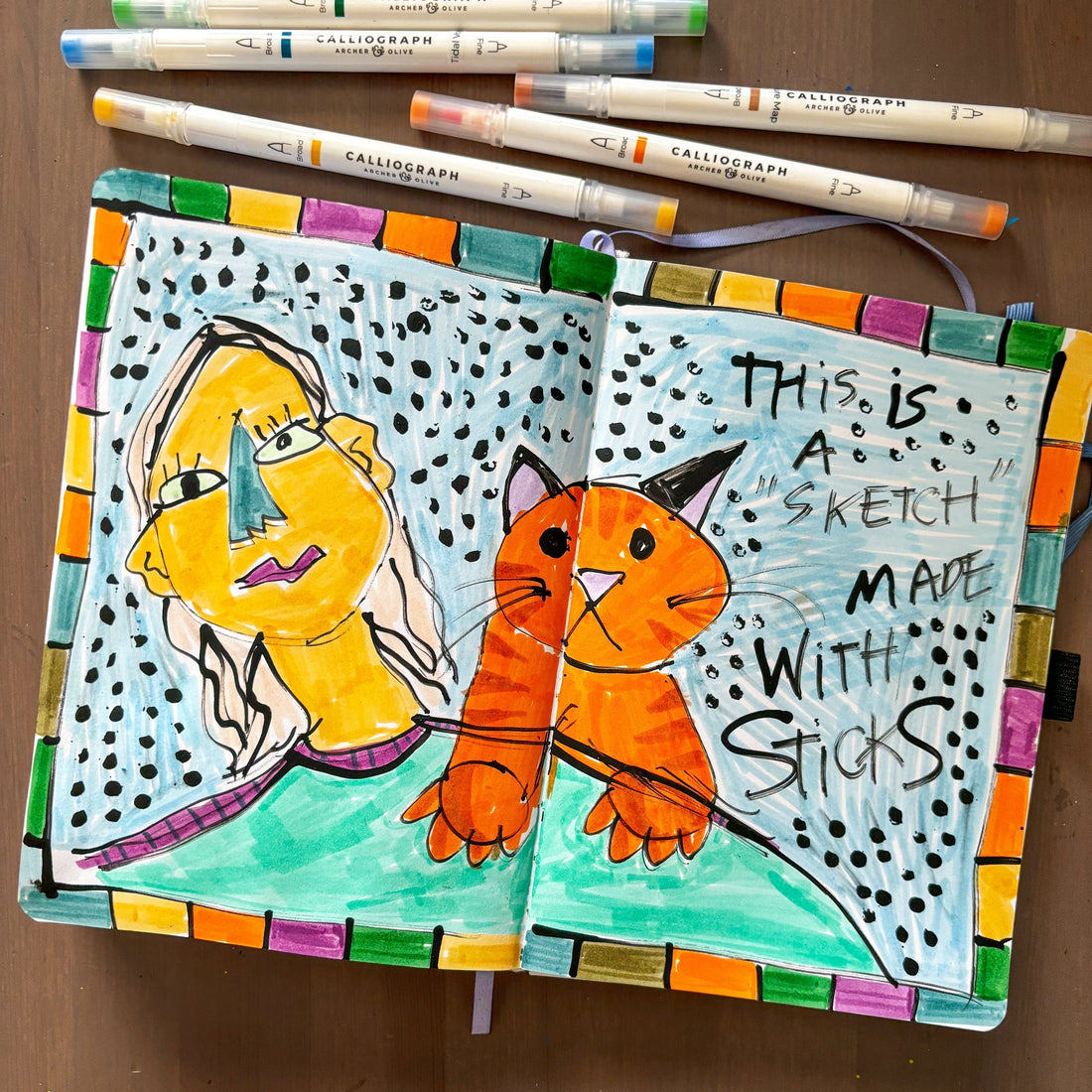 a drawing of a portrait of a girl with an orange cat, surrounded by a background of black dots 