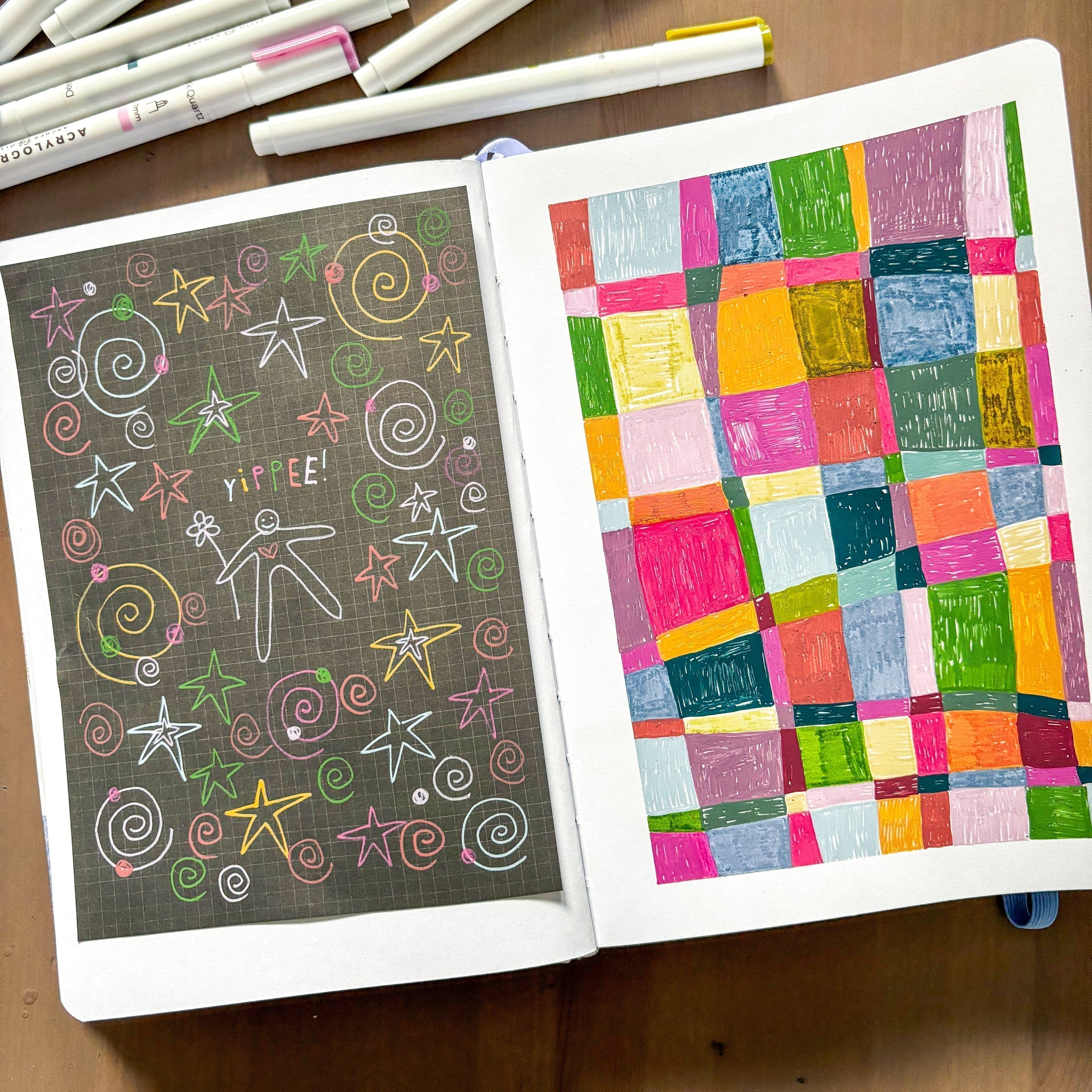 on the left is a doodle page with drawings and on the right is a checkerboard page filled with different colours 