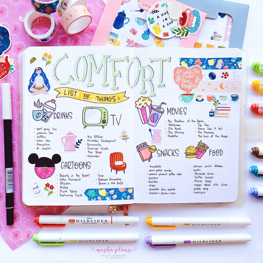 Bullet Journal Comfort List Spread With Cosy Doodle Tutorials