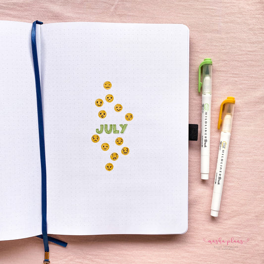 bullet journal, archer and olive, cover page, masha plans, emoji bujo