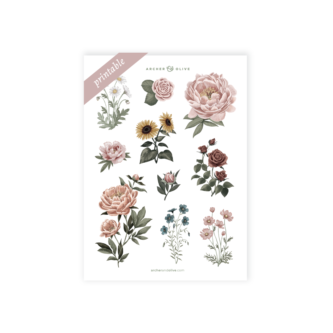 Antique Floral Printable Sticker Set - Archer and Olive