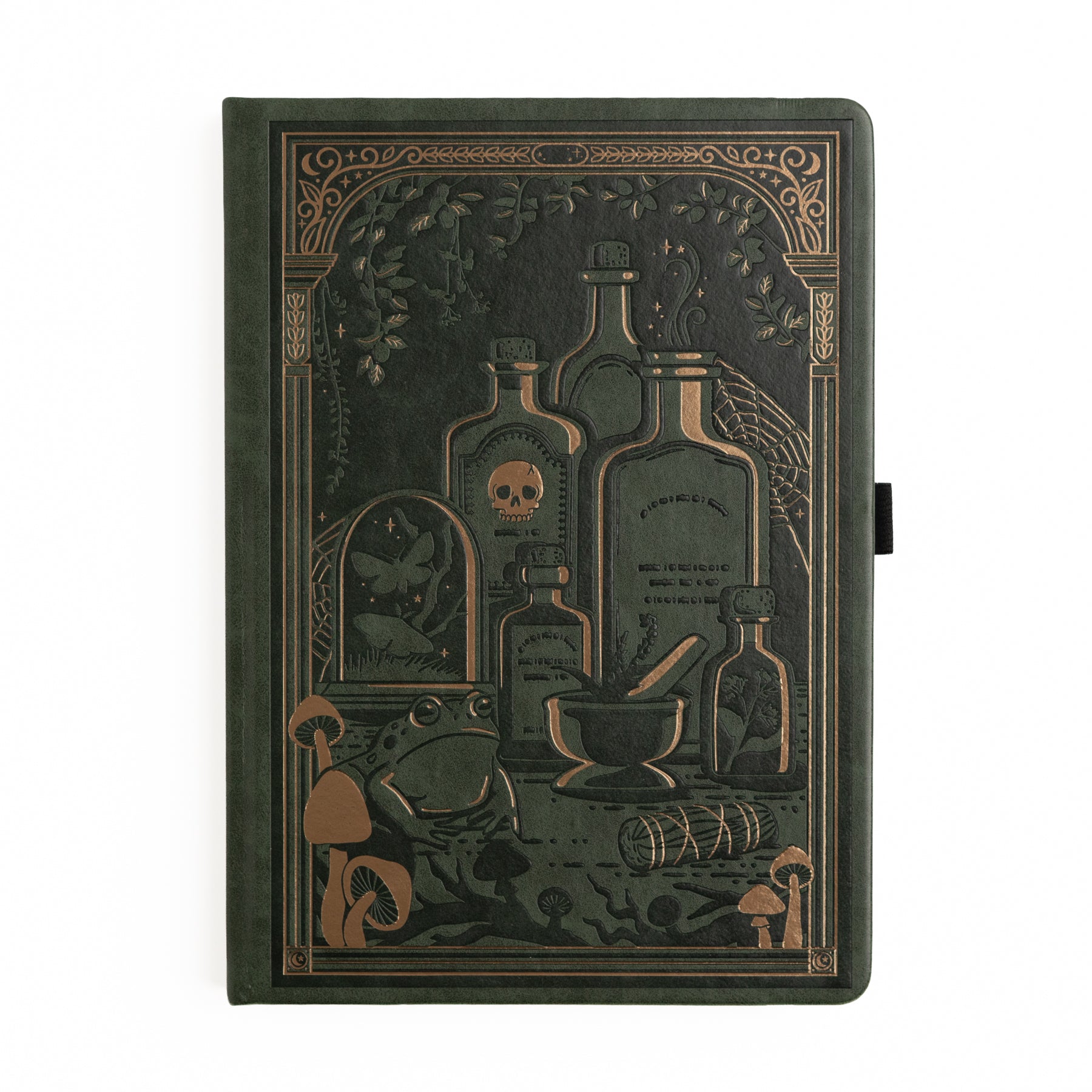Olive-green vegan leather notebook with gold foil mushrooms & potion bottle illustrations. 