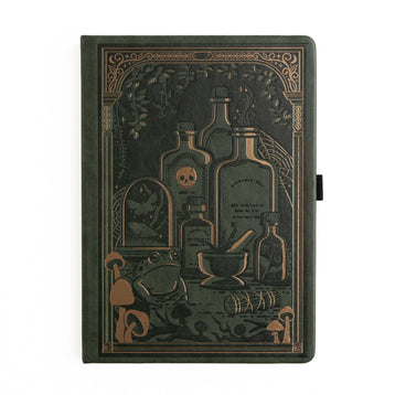 Olive-green vegan leather notebook with gold foil mushrooms & potion bottle illustrations. 