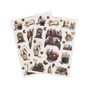 Moody, earthy witchy sticker set with cauldrons, potions & spellbooks