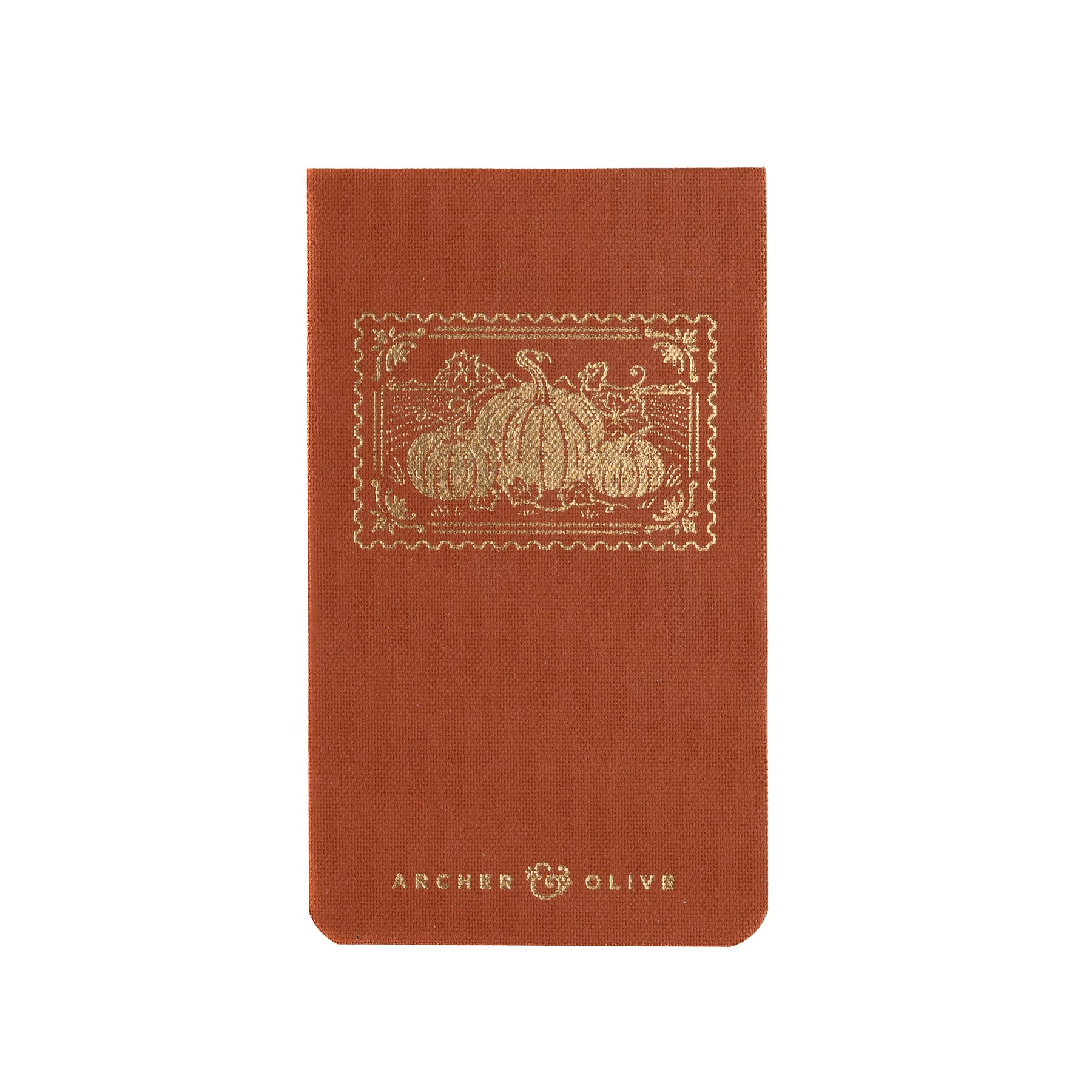 Rust colored buckram memo pad with gold foil postage-stamp pumpkin illustration