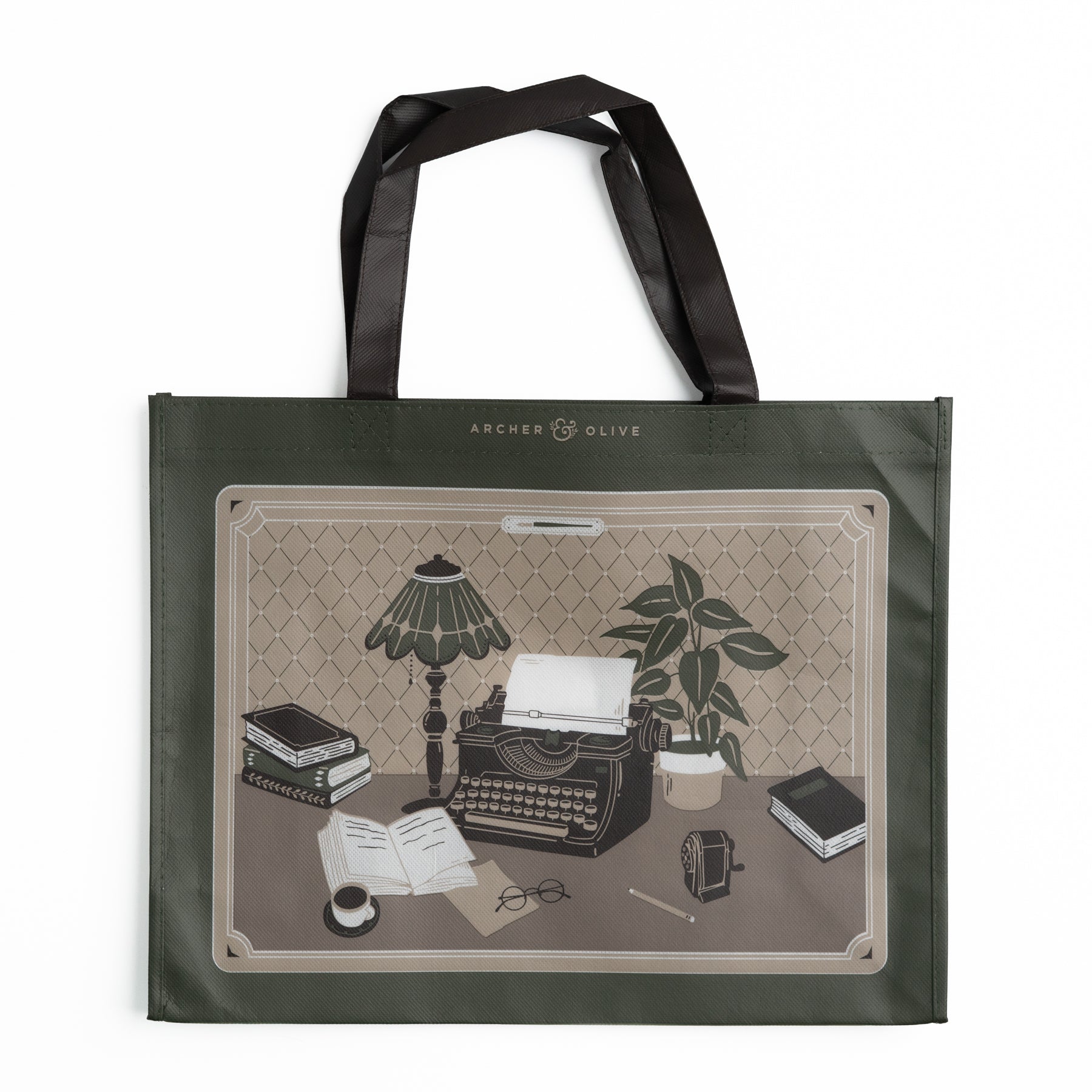 Olive green tote bag illustrated with vintage typewriter and writer's desk scene