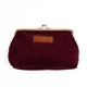 Maroon corduroy kiss-lock pouch with rose-gold frame and leather brand patch