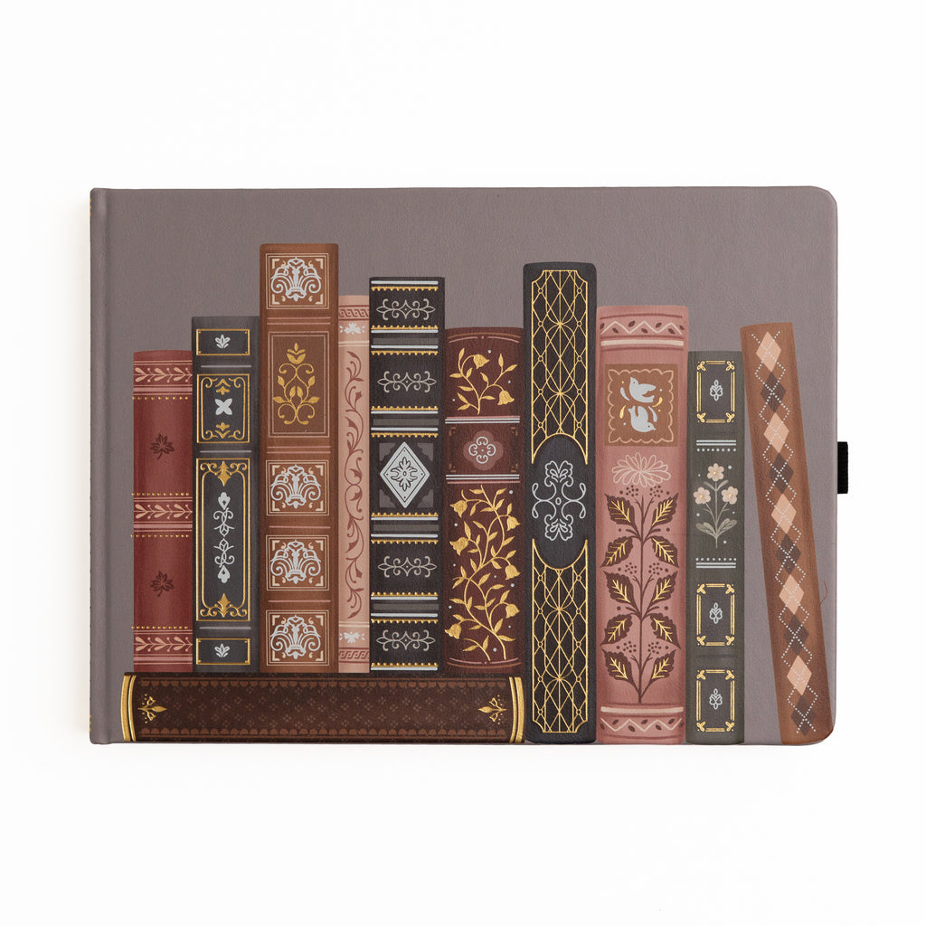 Taupe vegan leather notebook illustrated with a row of ornate gilded book spines