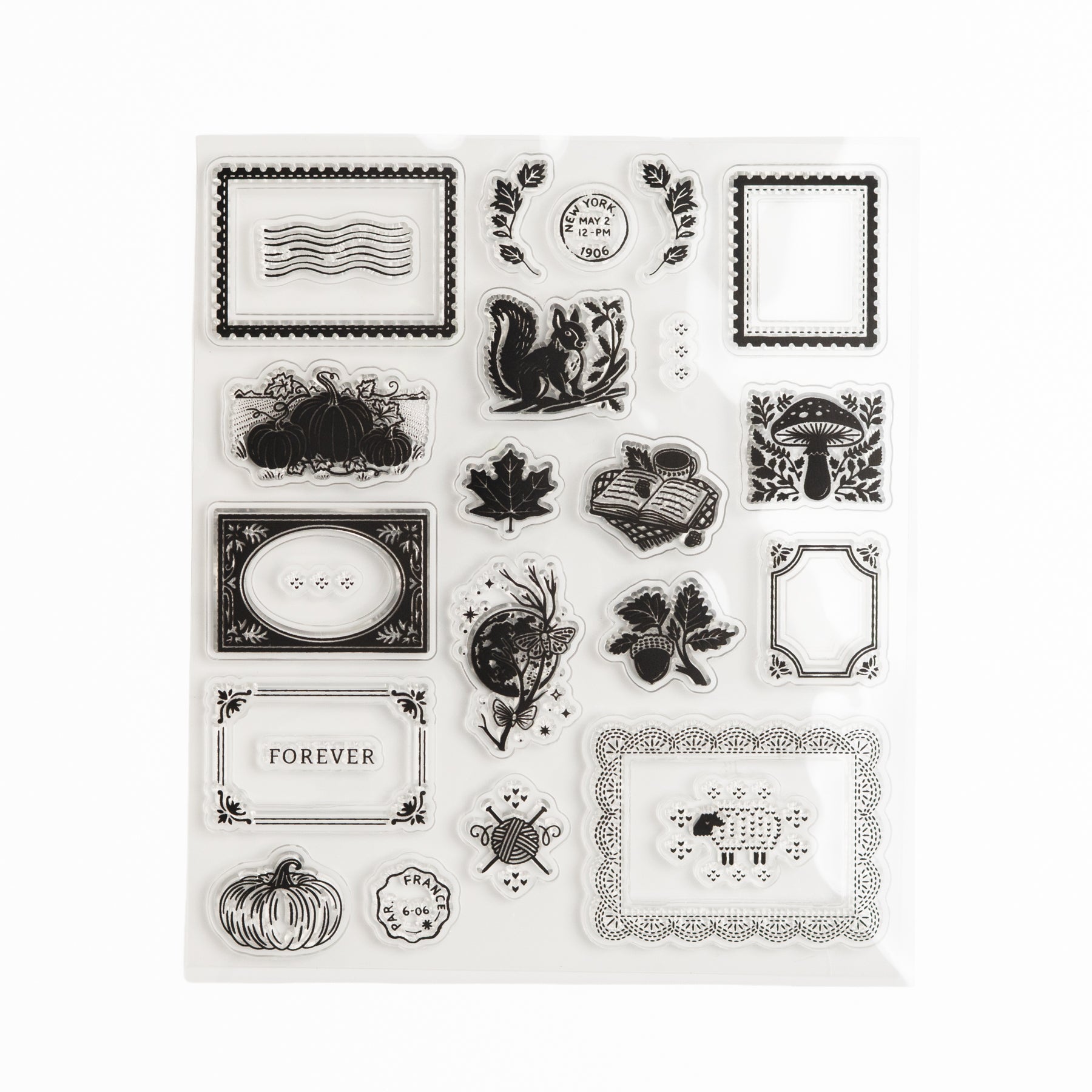 Clear acrylic stamp sheet with vintage postage frames and autumn nature motifs