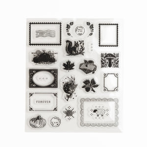 Clear acrylic stamp sheet with vintage postage frames and autumn nature motifs