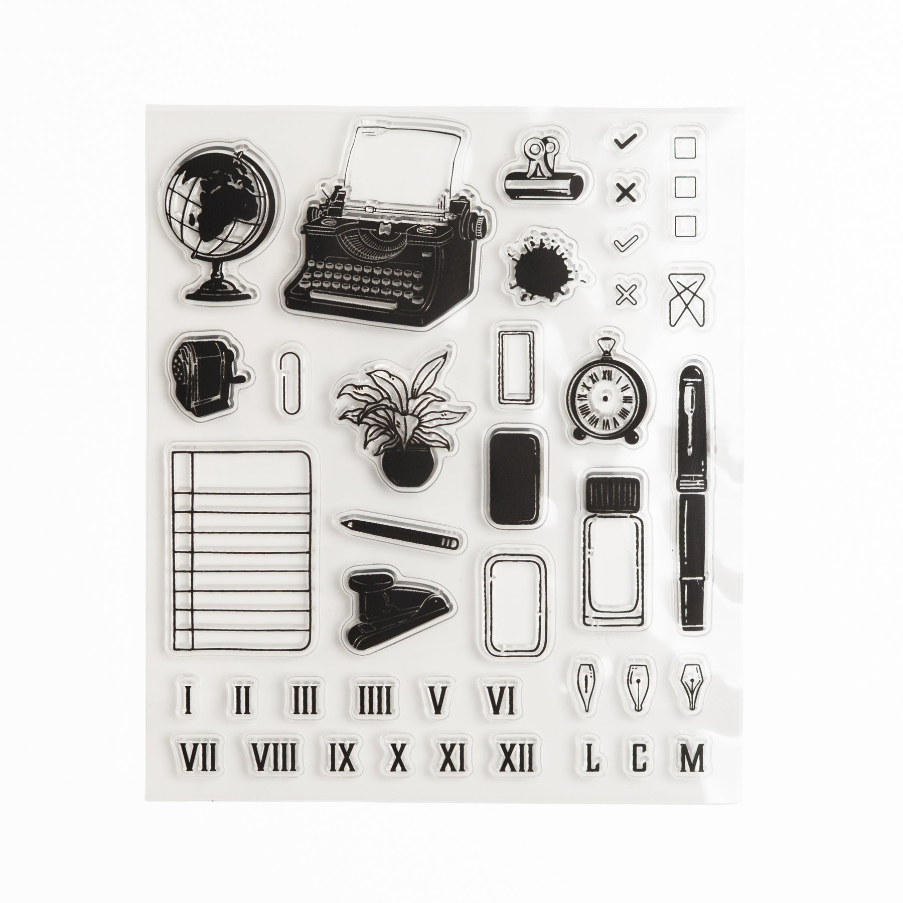 Clear acrylic stamp sheet with typewriter, desk items, and planning-themed illustrations.