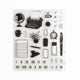 Clear acrylic stamp sheet with typewriter, desk items, and planning-themed illustrations.
