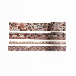 Four rolls of Homespun washi tape featuring sheep, yarn, and knitting motifs