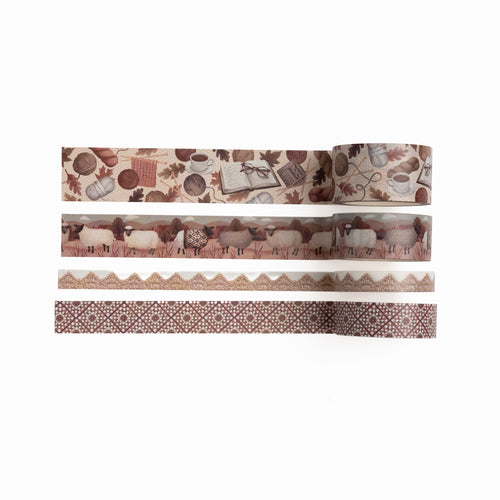 Four rolls of Homespun washi tape featuring sheep, yarn, and knitting motifs