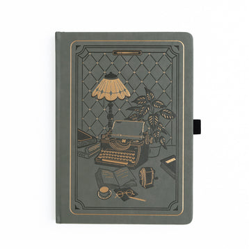 Deep olive green vegan leather notebook with gold vintage desk illustration featuring typewriter and globe