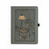 Deep olive green vegan leather notebook with gold vintage desk illustration featuring typewriter and globe