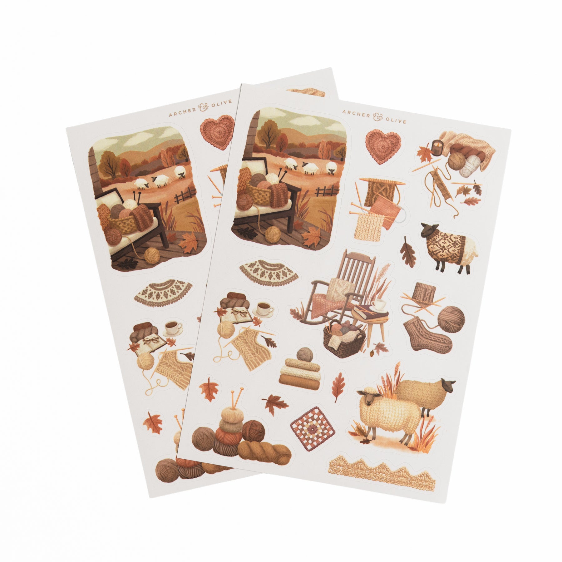 Two sticker sheets with sheep, yarn, and cottagecore countryside illustrations