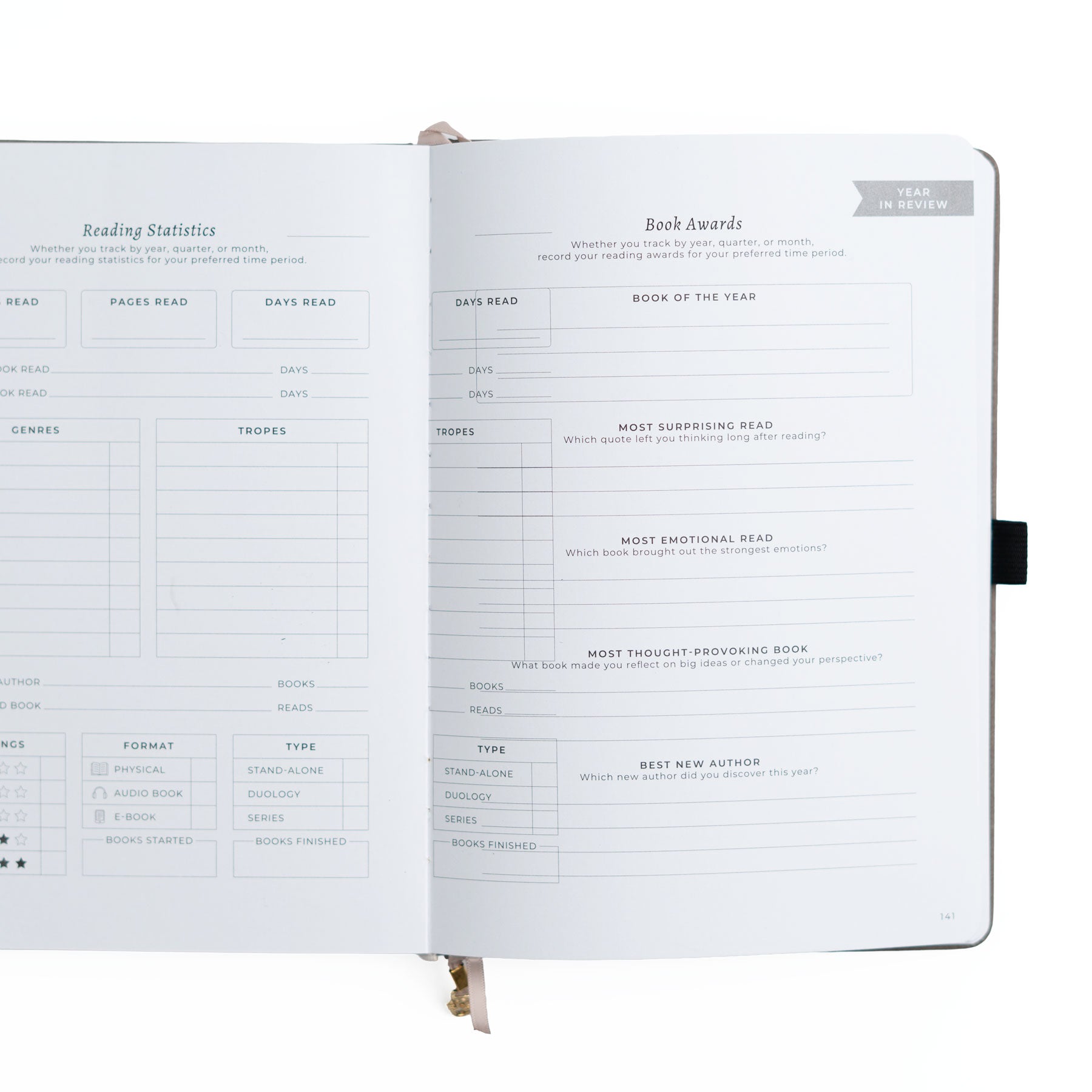 Open notebook with reading statistics and book awards sections on a white background