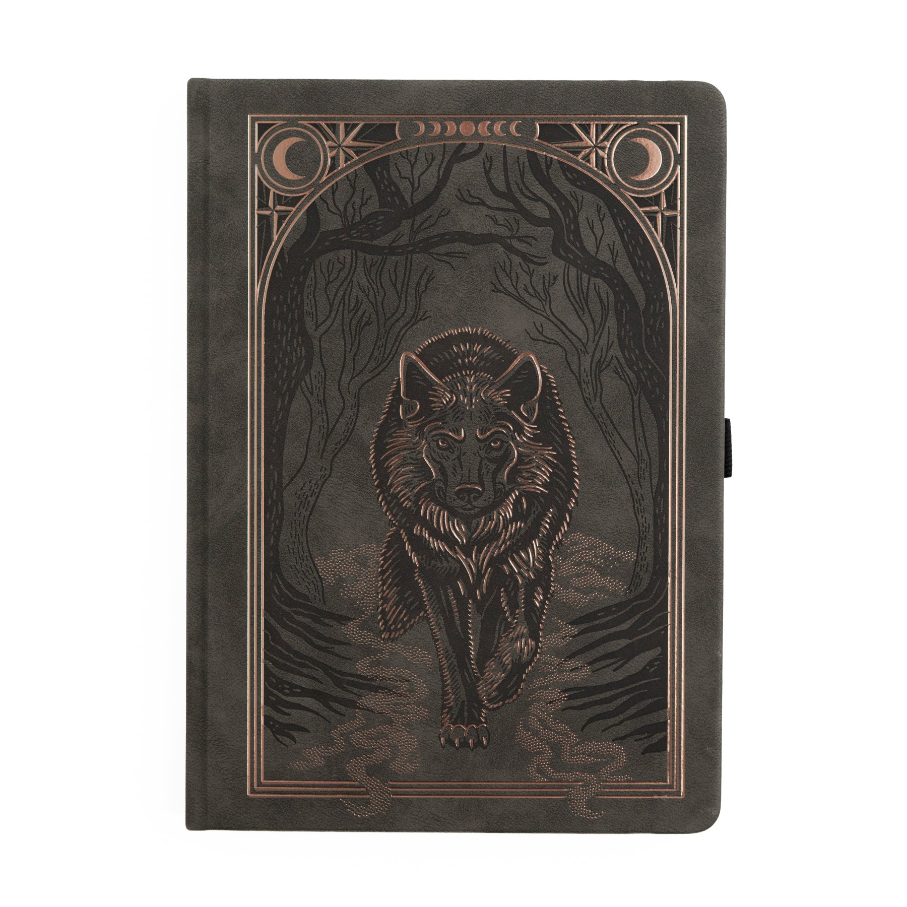 deep greenish grey notebook with wolf on the cover