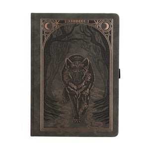 deep greenish grey notebook with wolf on the cover
