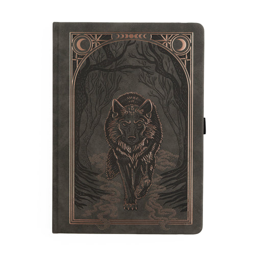 deep greenish grey notebook with wolf on the cover