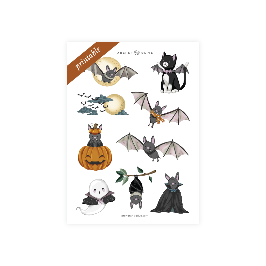 Printable Stickers: Cute Bat - Archer and Olive