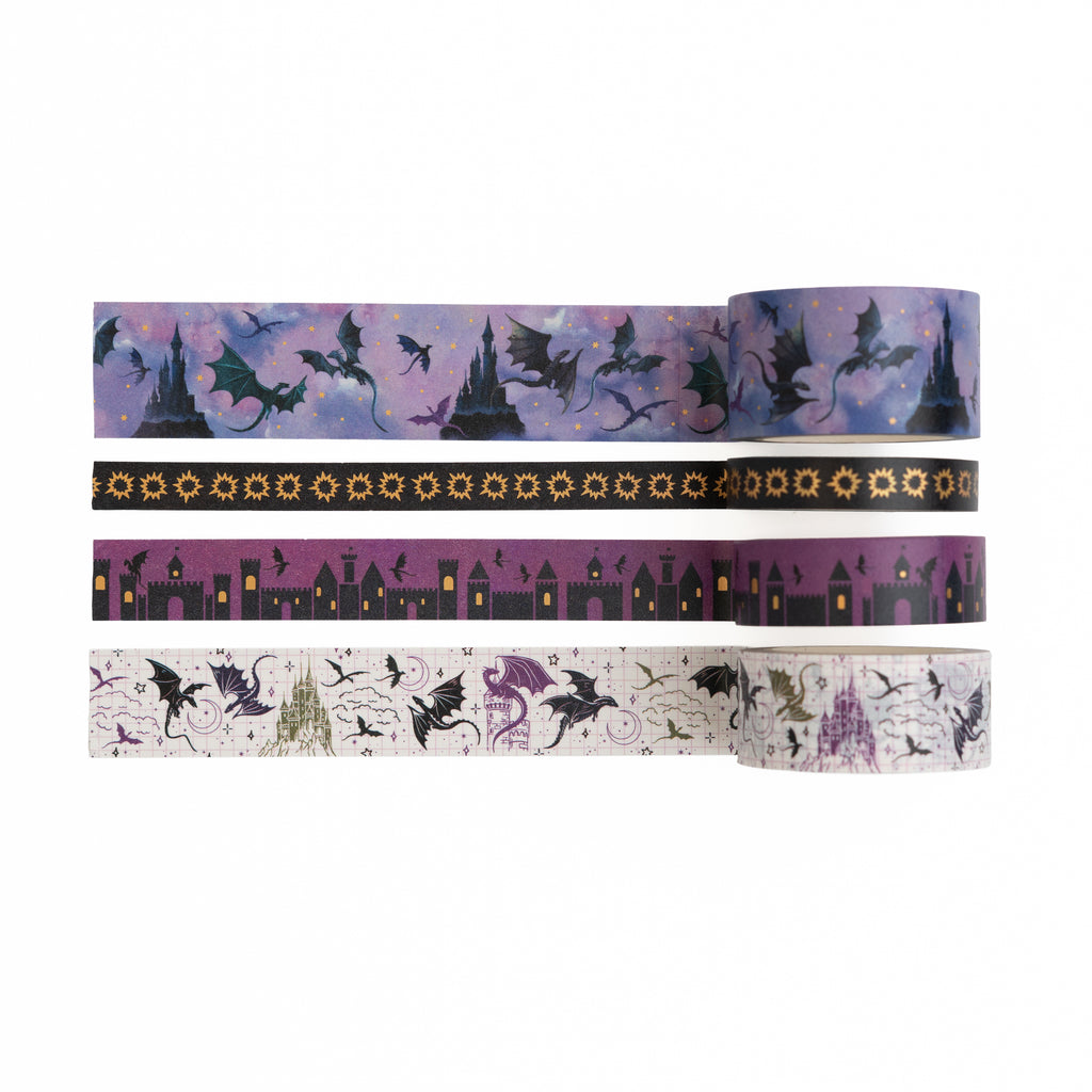 Set of dragon themed washi tape with castle and dragon designs on a white background