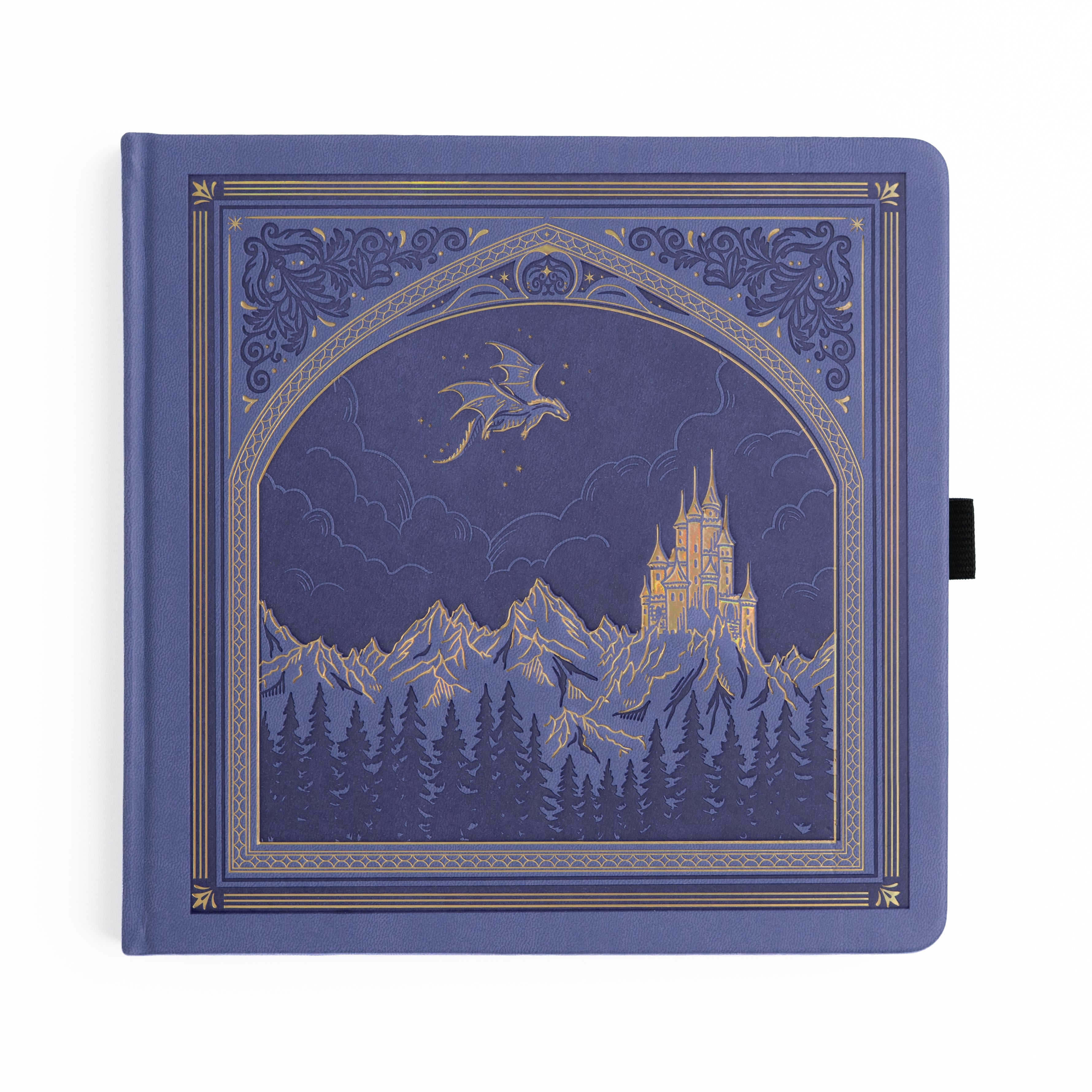 Periwinkle notebook with a castle and dragon design on the cover