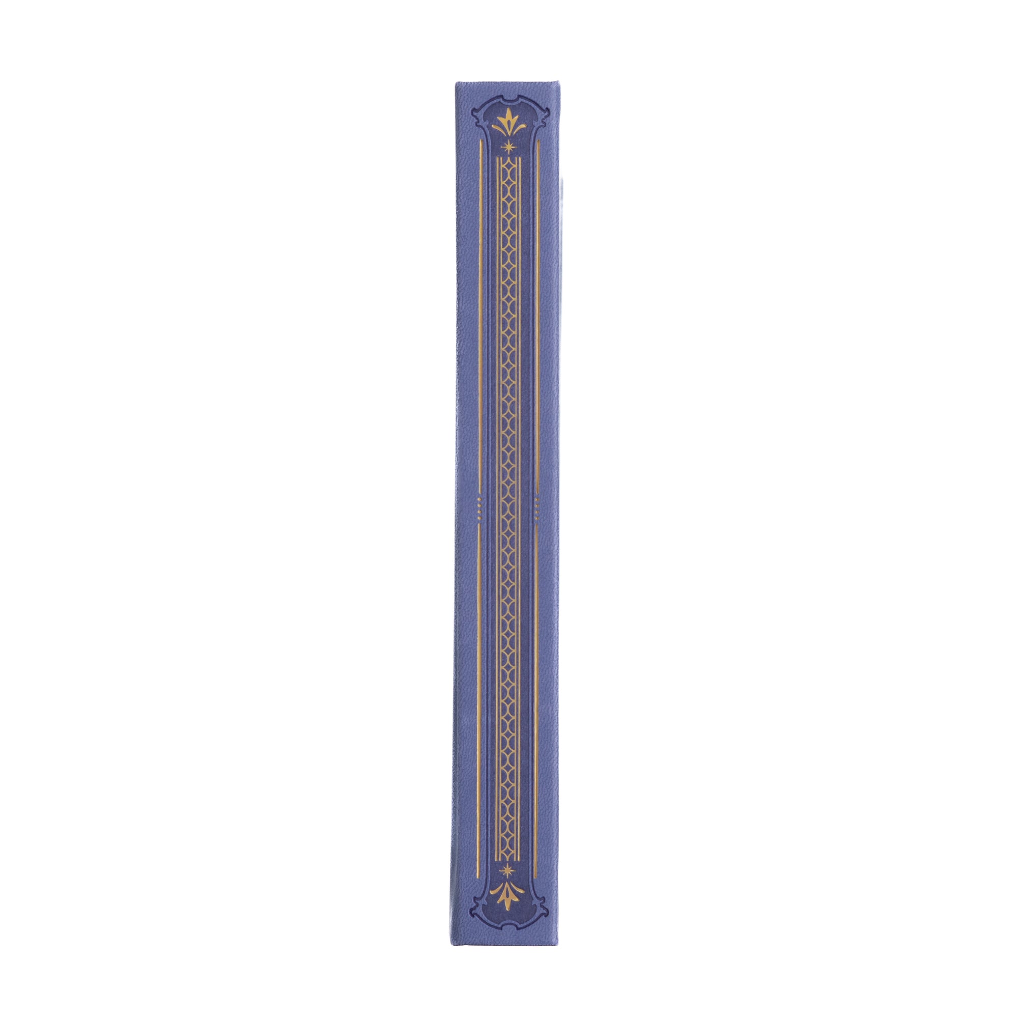 Spine of notebook with periwinkle color and gold foil details