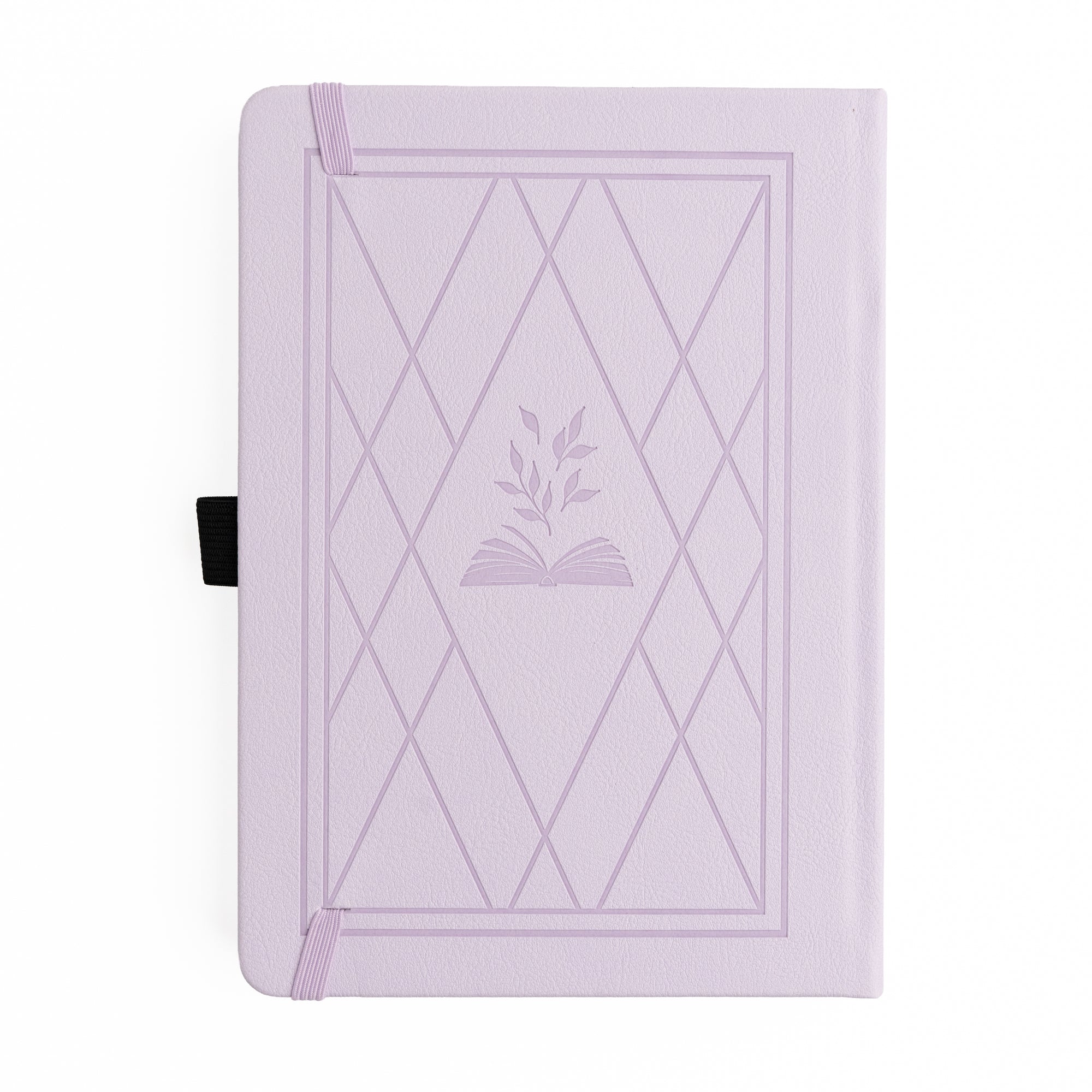 Lavender notebook with geometric design and leaf emblem on a white background