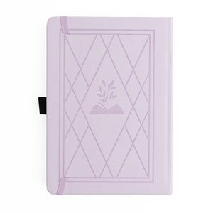 Lavender notebook with geometric design and leaf emblem on a white background