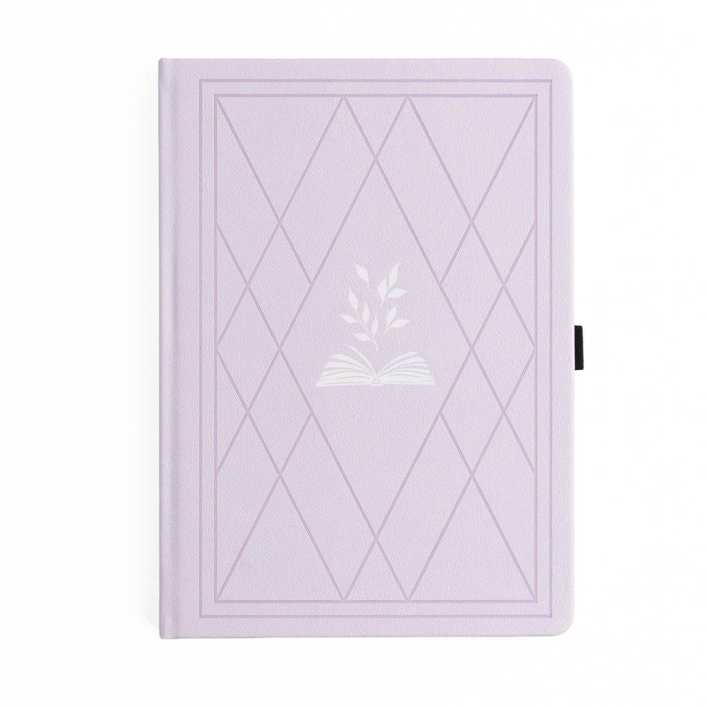 Lavender notebook with geometric design and floral emblem on a white background