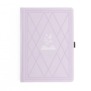 Lavender notebook with geometric design and floral emblem on a white background