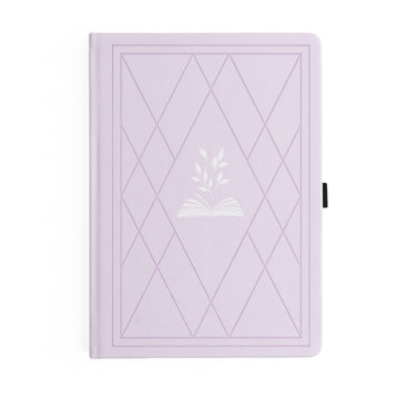 Lavender notebook with geometric design and floral emblem on a white background