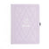 Lavender notebook with geometric design and floral emblem on a white background