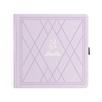 Purple notebook with geometric design and a small emblem on a white background