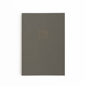 Dark gray notebook with a grid pattern on the cover against a white background