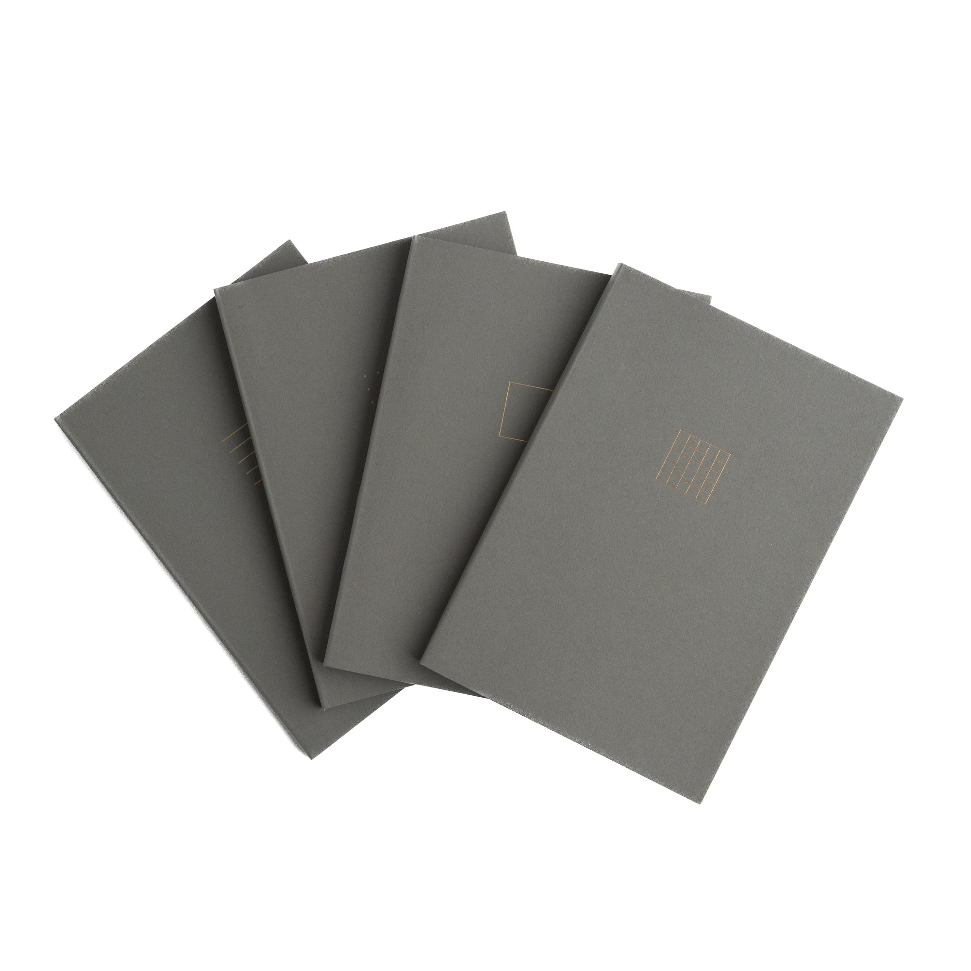 Set of five gray notebooks on a white background