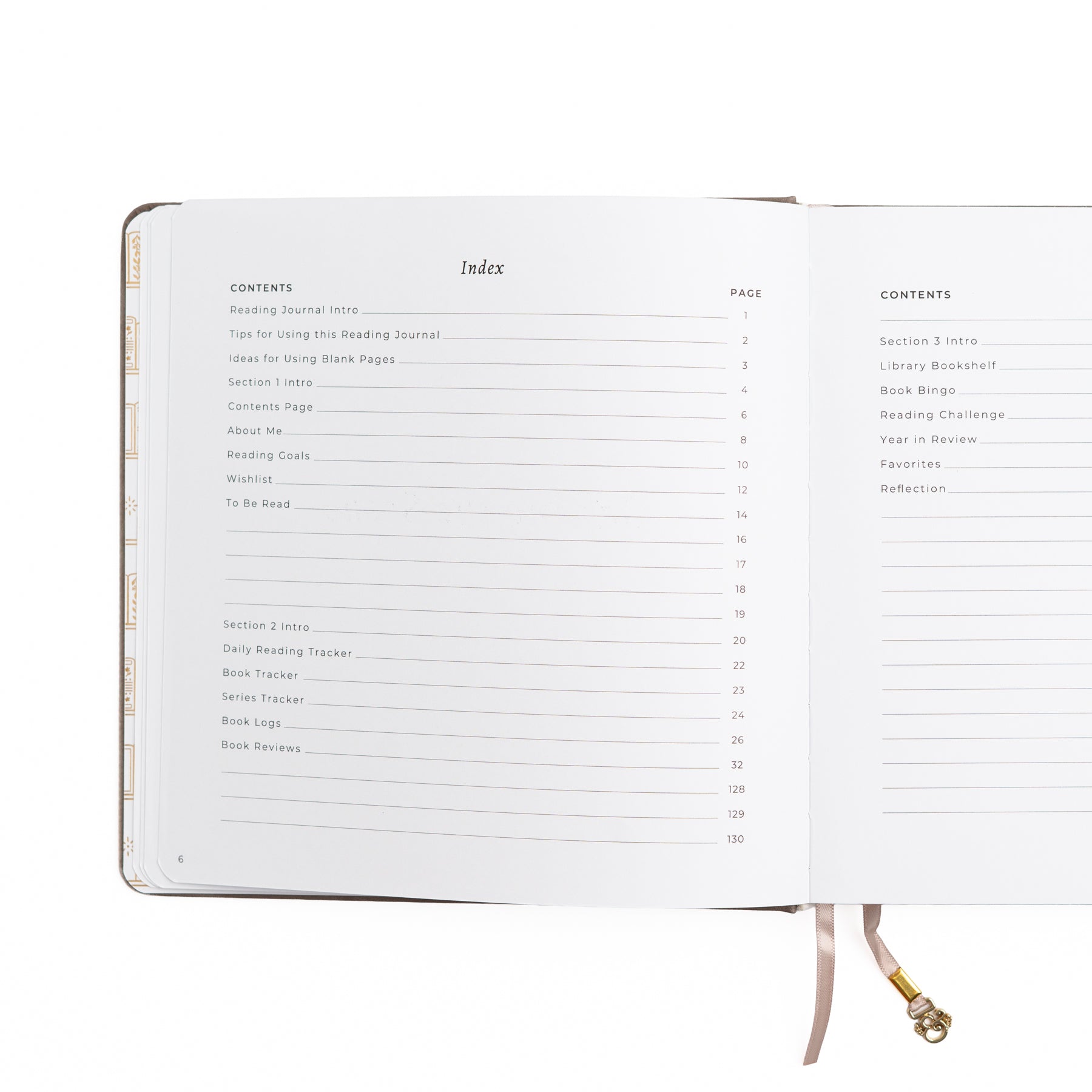 Open notebook displaying an index and table of contents on a white background