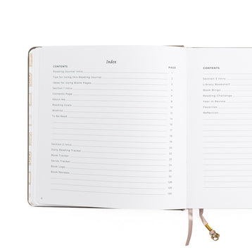 Open notebook displaying an index and table of contents on a white background