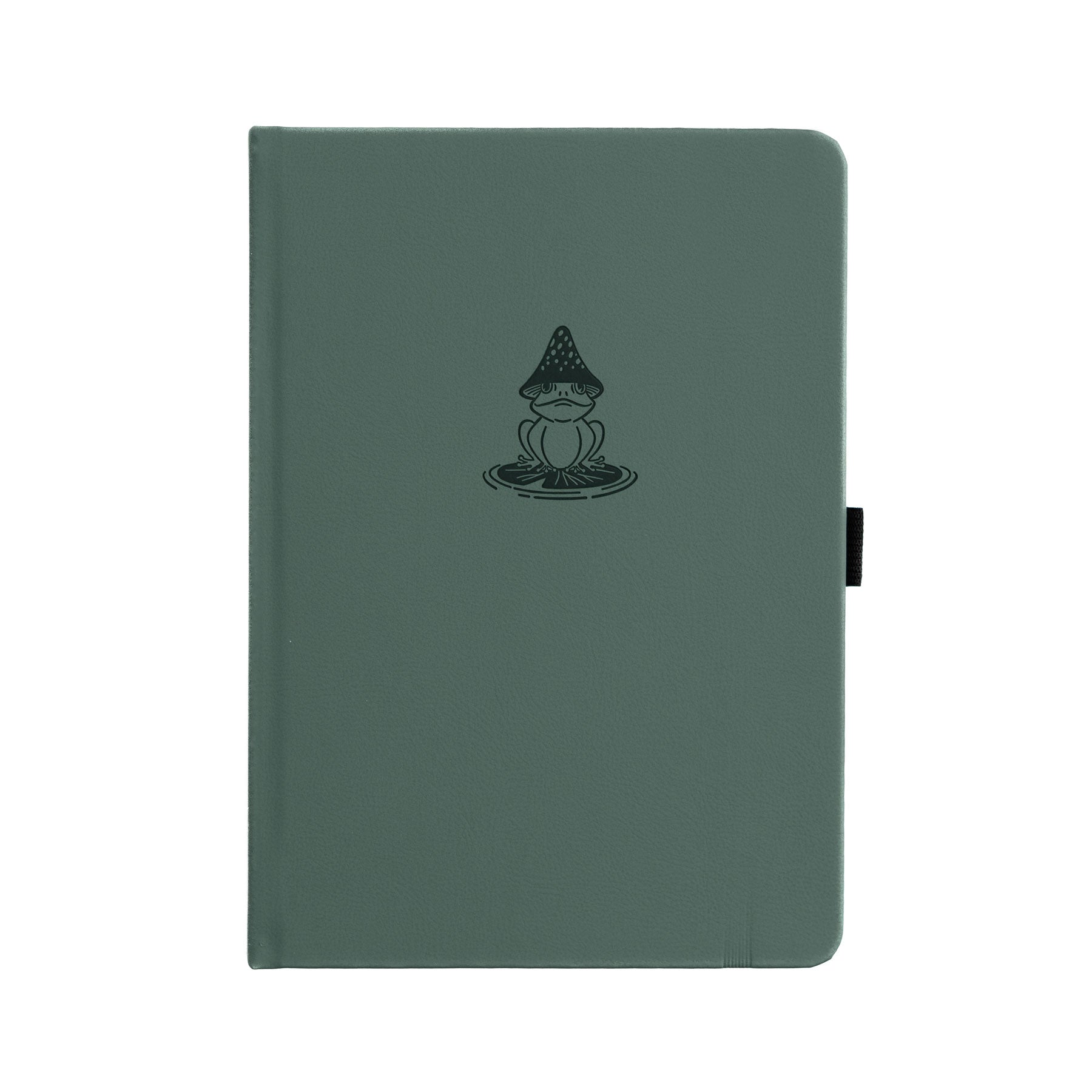 Green notebook with a black illustration on a white background