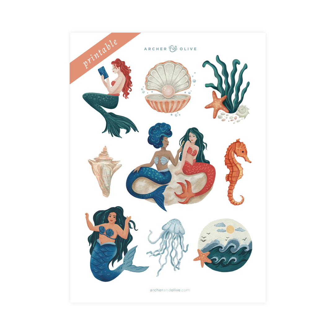 Vintage Mermaid Printable Stickers - Archer and Olive