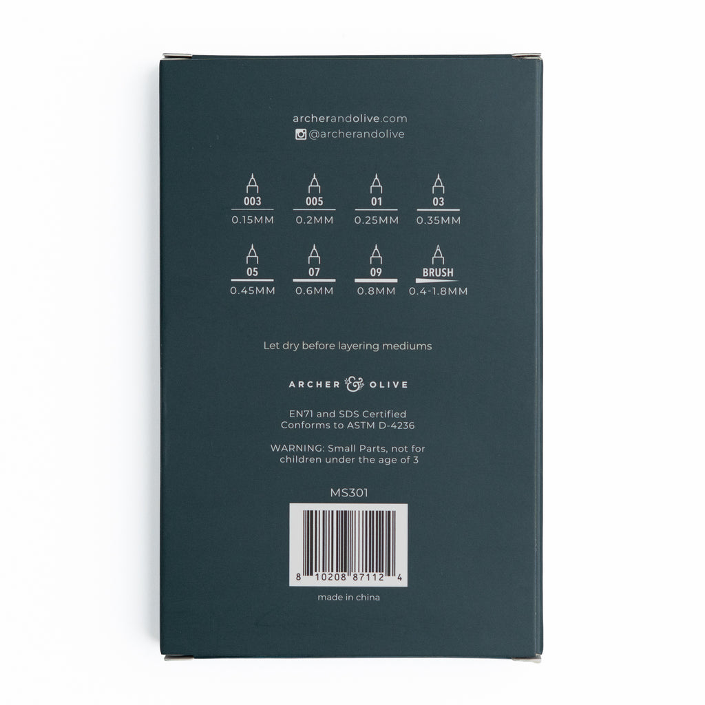 Fine Line Pen Set  of 8- Archer and Olive
