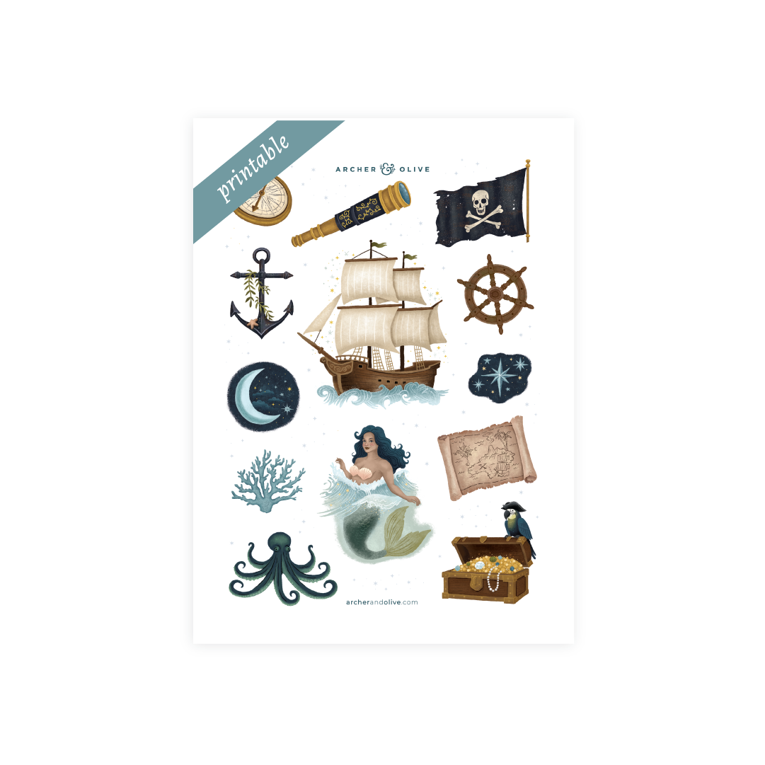 Sheet of pirate-themed stickers with ship, anchor, treasure chest, and mermaid on a white background.