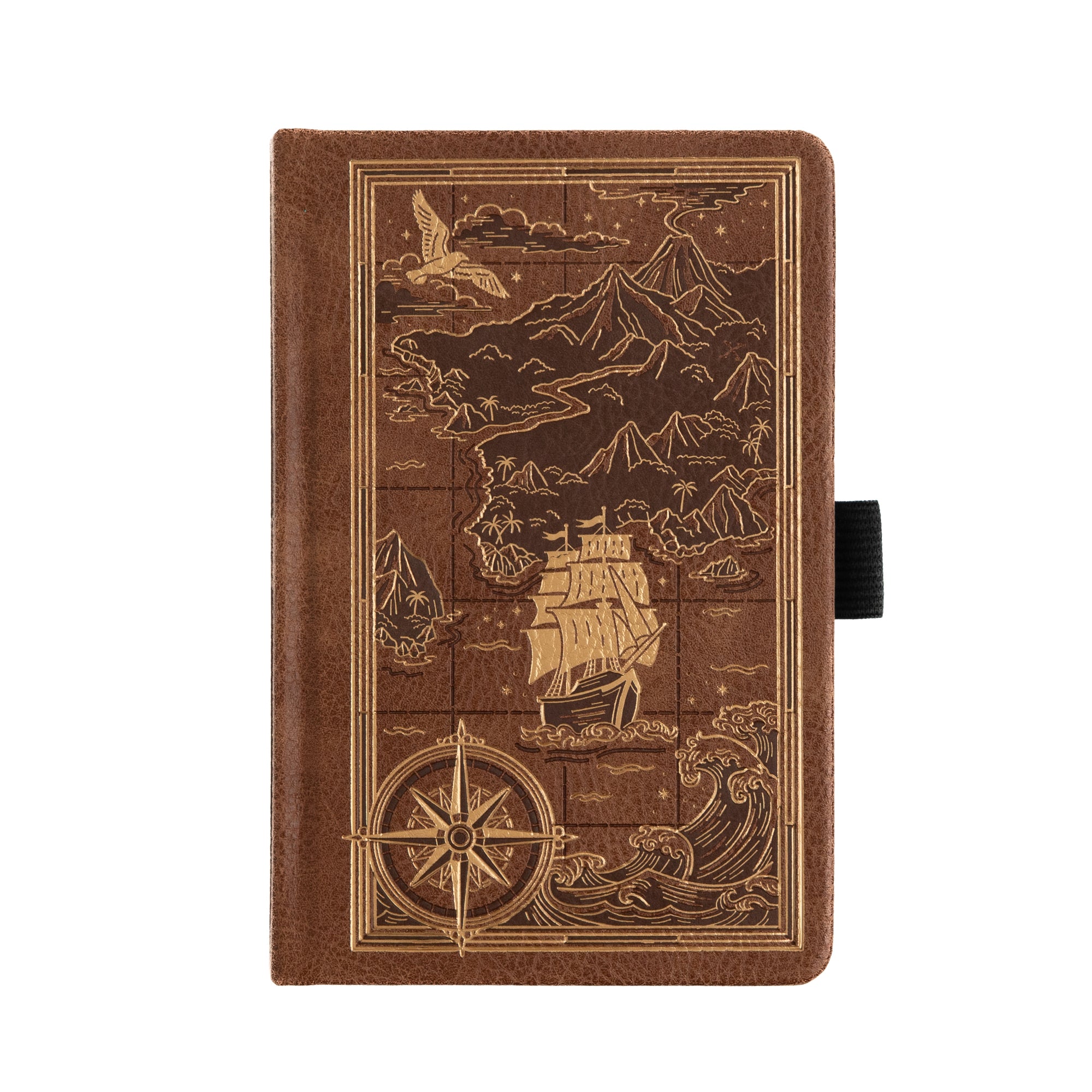 Brown notebook with ship and mountain design on a white background