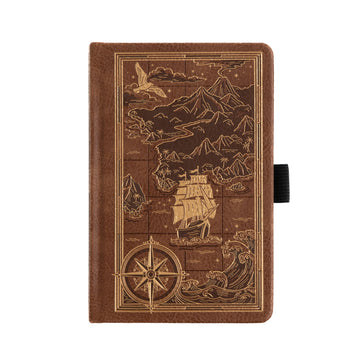 Brown notebook with ship and mountain design on a white background