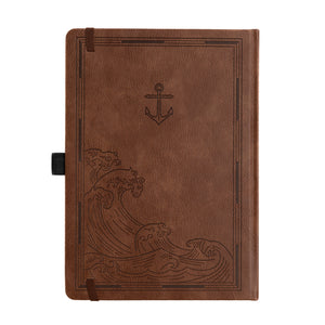 Brown leather notebook with wave and anchor design on a white background