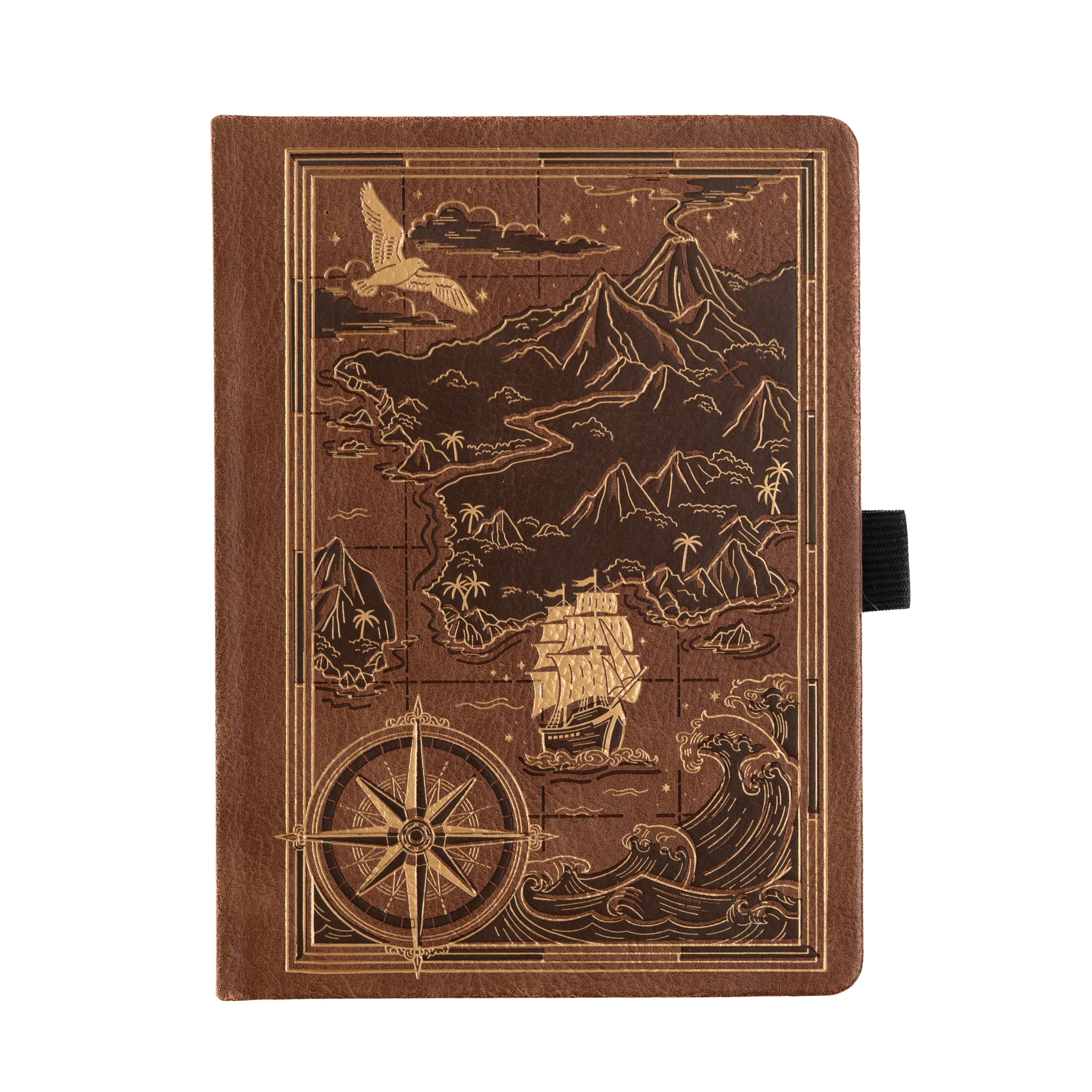 Brown notebook with map design on a white background