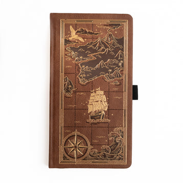 Brown leather notebook with treasure map design on a white background